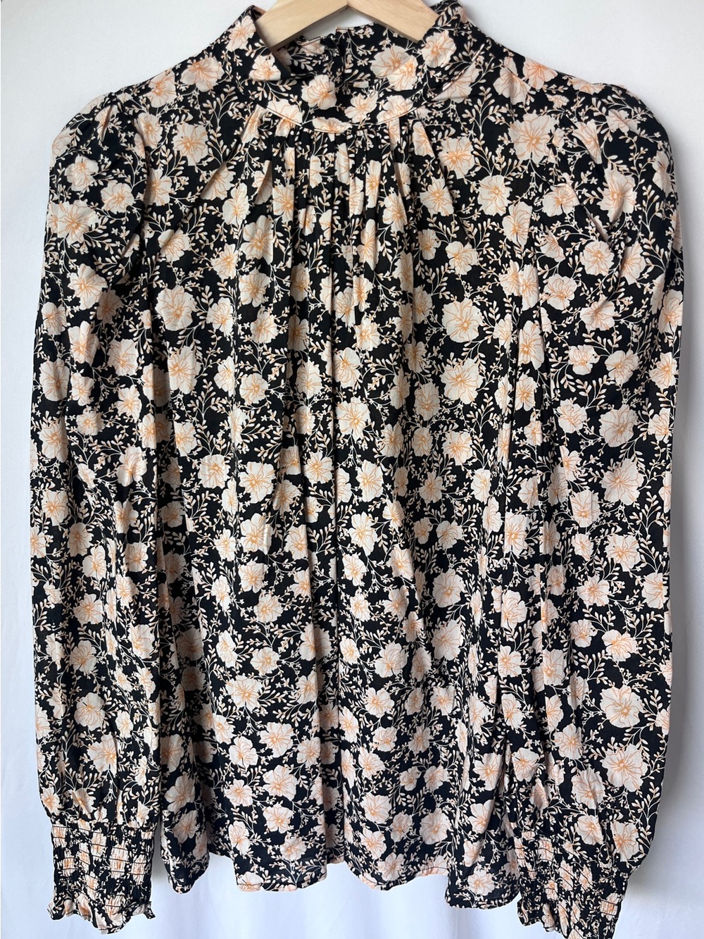 Who What Wear - Black Floral Pleated Shirt with Cream and Orange Flowers